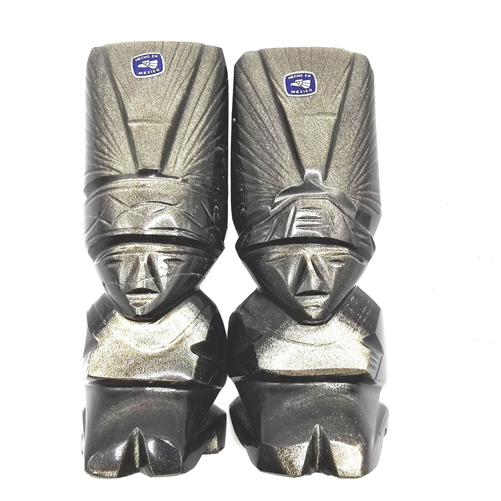 Mexican Gold Sheen Obsidian Carved Aztec Mayan Figurines Pair 6 Inch Statues‎